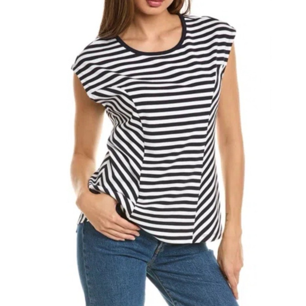 Cabi Illusion Shirt Womens X White Black Stripe Cap Sleeve Pullover Stretch NEW‎